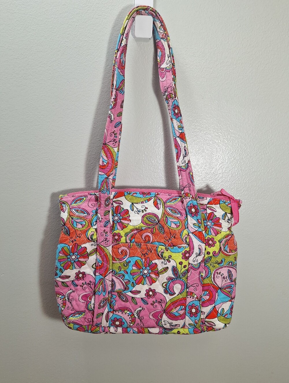 Handmade Quilted Cotton Tote Bag Purse 12X9 In Paisley Floral Pink Blue Pockets